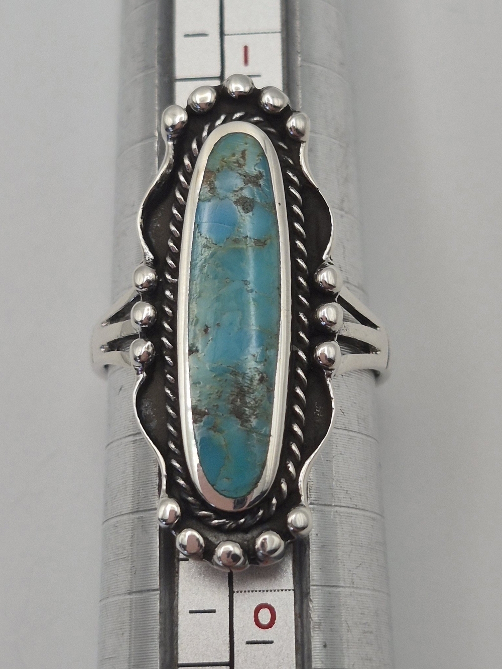 Silver Turquoise Long Oval Southwest Ring Size 6